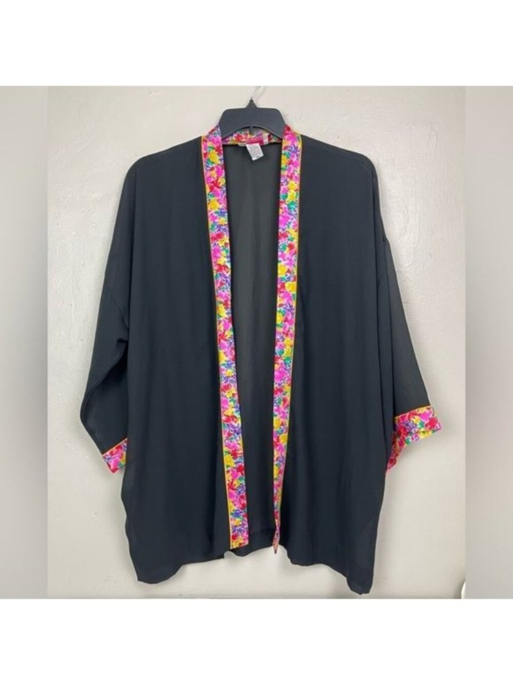 Roxanne Black Sheer Pink Floral Robe w Belt Medium cover up vintage